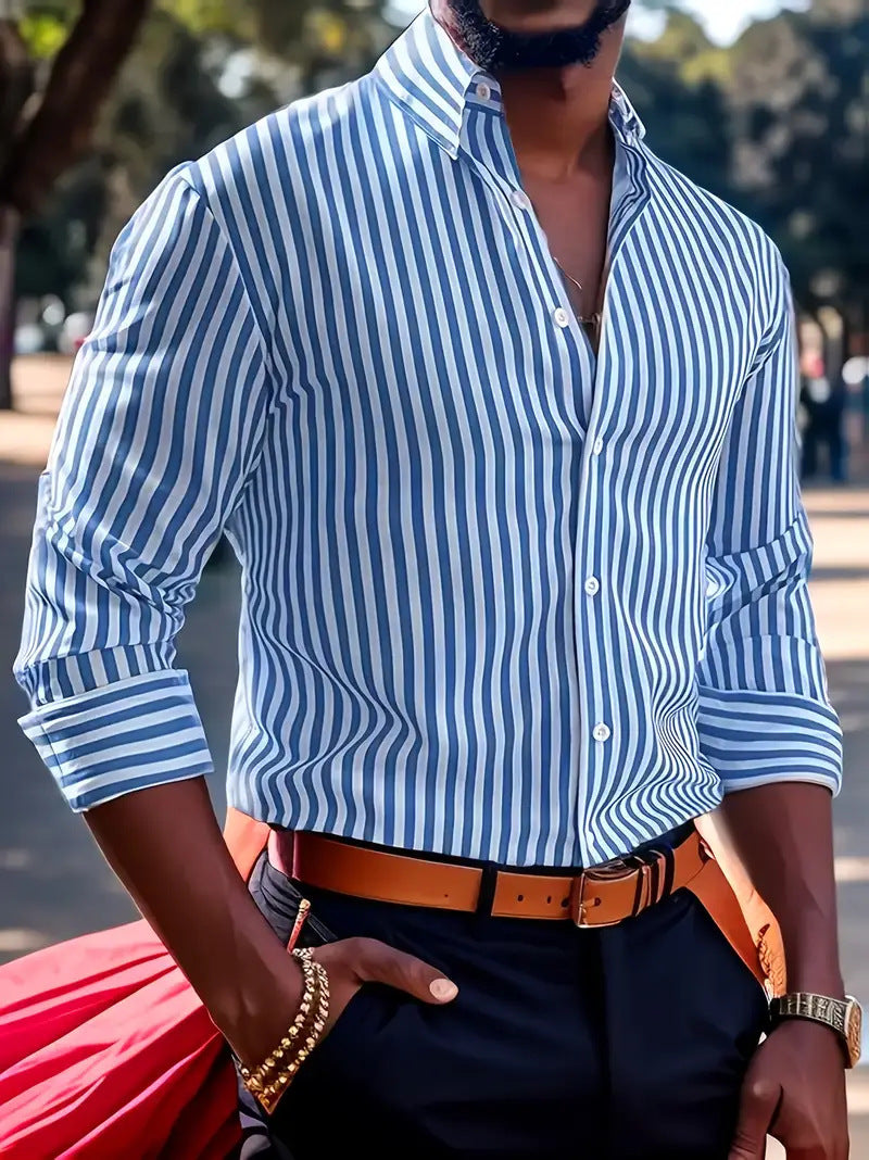 Ins Stripe Printed Long Sleeve Shirt Men Fashion Casual Lapel Button Top Clothing - Enfance-Heureuse