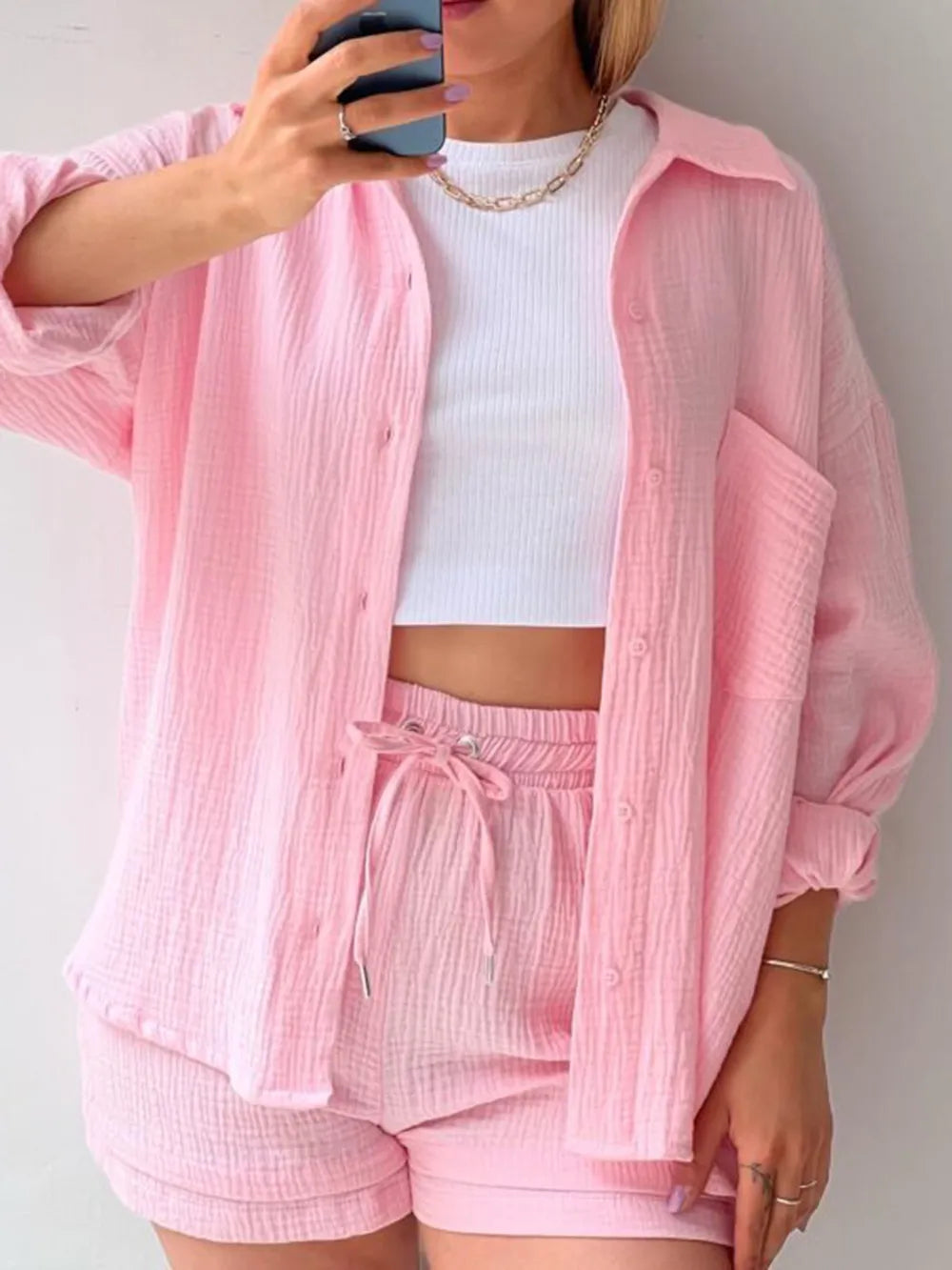 Texture Button Up Shirt and Drawstring Shorts Set - Enfance-Heureuse