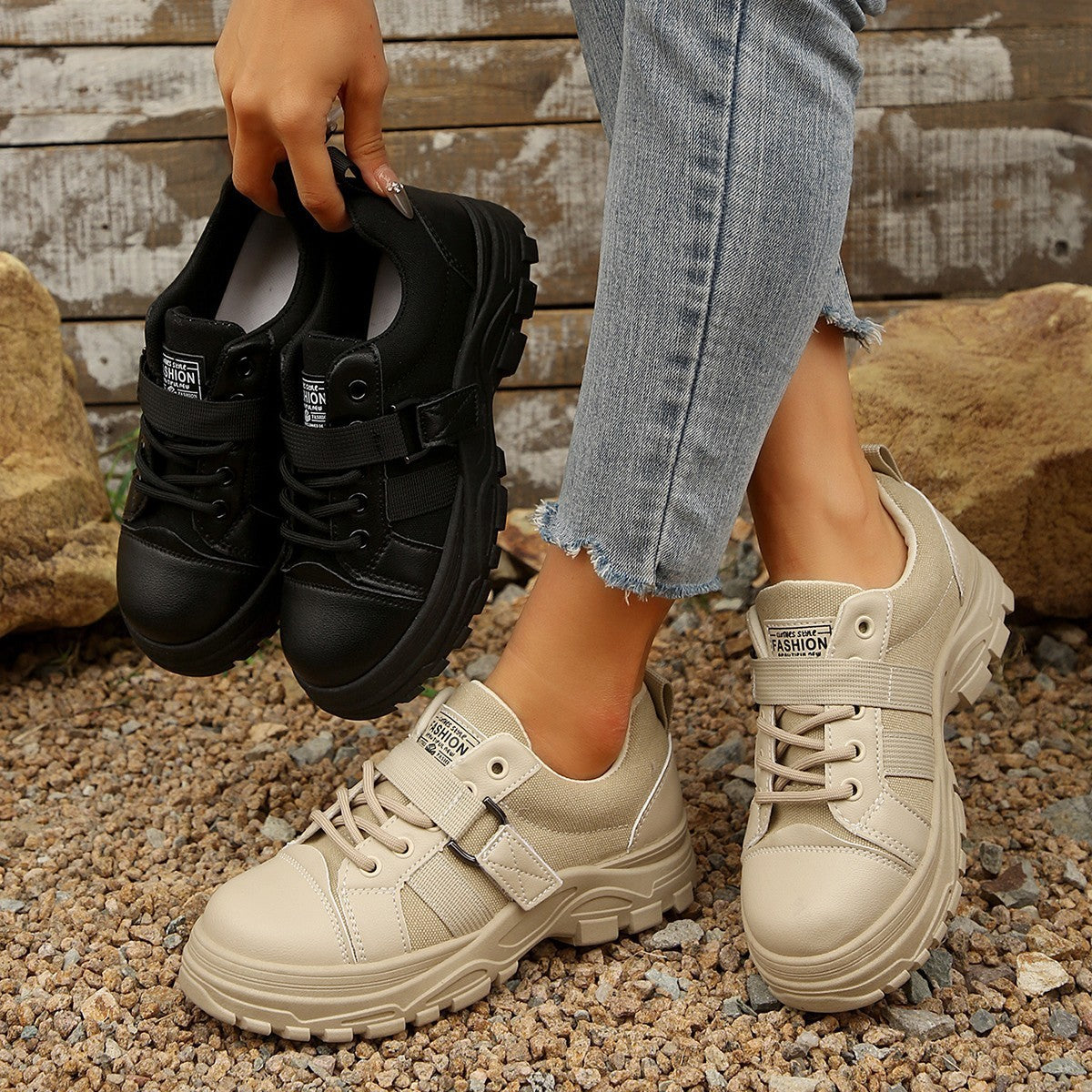 Lace-up Canvas Shoes With Hook Design Fashion Breathable Thick-soled Round-toe Casual Shoes For Women Sneakers - Enfance-Heureuse