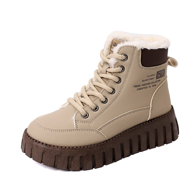 Ins Lace-up Snow Boots Winter Warm Fleece Flat Shoes For Women Fashion Casual Plush Ankle Boot - Enfance-Heureuse