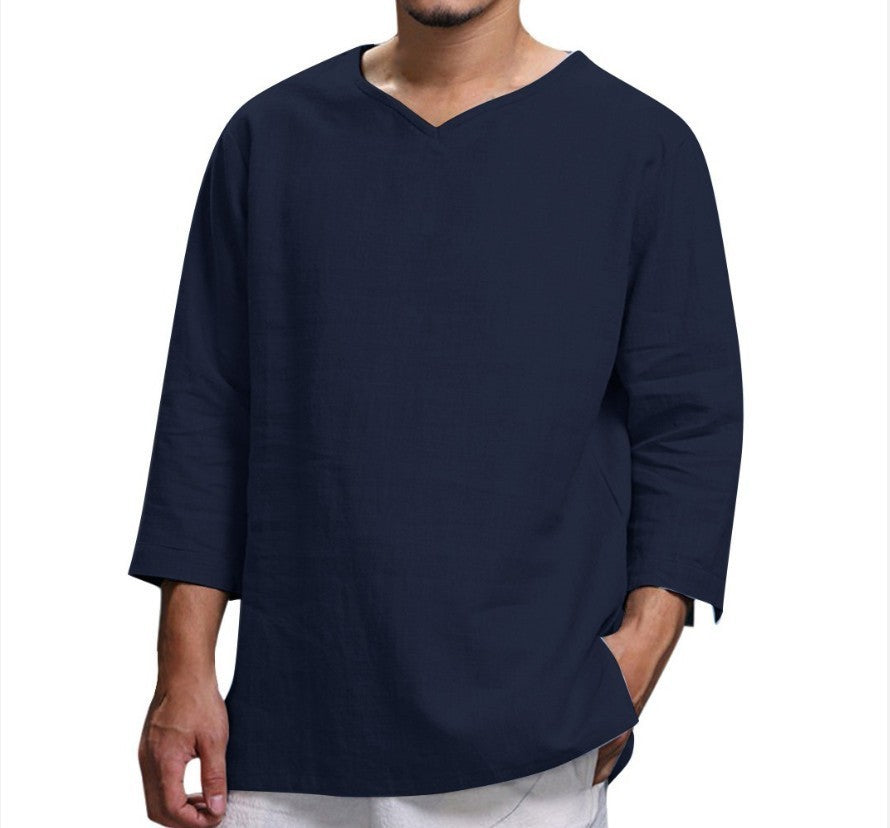 Loose Casual V-neck Top Cotton And Linen Long Sleeve Pullover Shirt Mens Clothing - Enfance-Heureuse