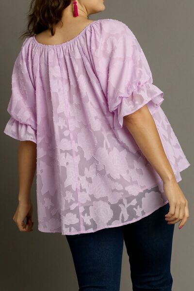 Umgee Full Size Jacquard Round Neck Ruffled Puff Sleeve Blouse Plus Size - Enfance-Heureuse