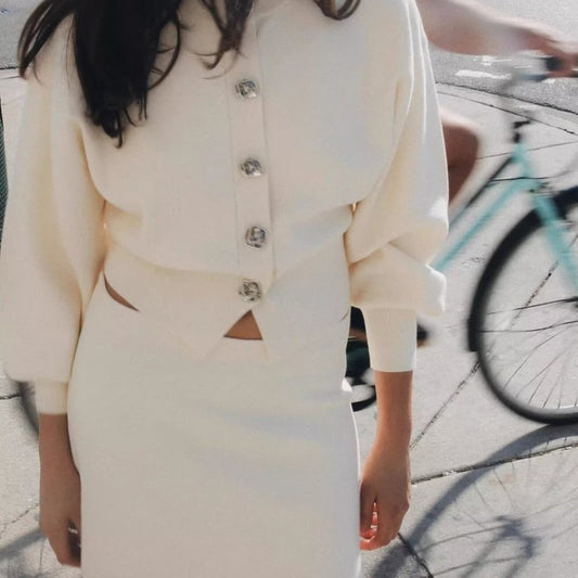 Flower Button Decoration Knitted Coat Short Mini Skirt Suit - Enfance-Heureuse