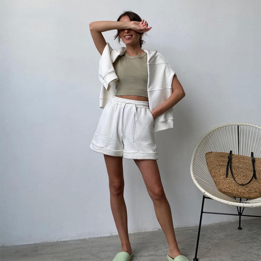 Women's Fashion Casual Solid Color Round Neck Long Sleeve Sweater Shorts Set - Enfance-Heureuse