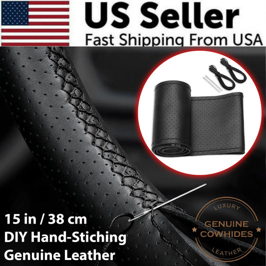 Genuine Leather DIY Car Steering Wheel Cover Anti-slip For Cm Black US - Enfance-Heureuse