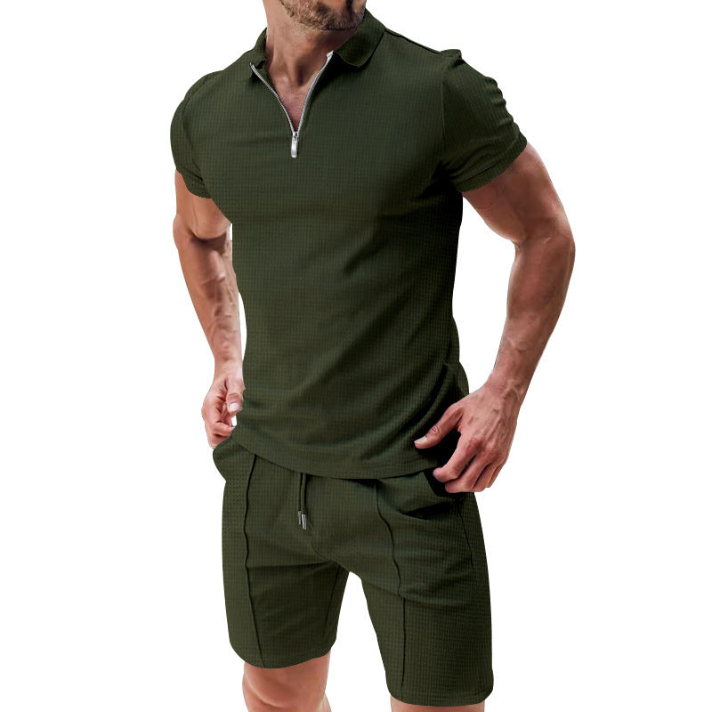 2Pcs Casual Waffle Suit Summer Zipper Lapel Short-sleeved Top And Drawstring Pockets Shorts Versatile Solid Color T-shirt Set For Mens Clothing - Enfance-Heureuse