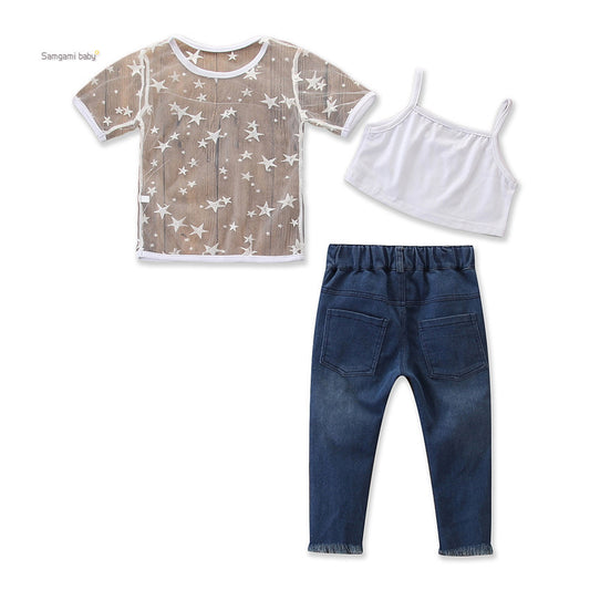 Toddler Kids Girls Short Sleeve Star T-shirt Tops Hole Denim pants pearl Jeans 2PCS Clothing Set - Enfance-Heureuse