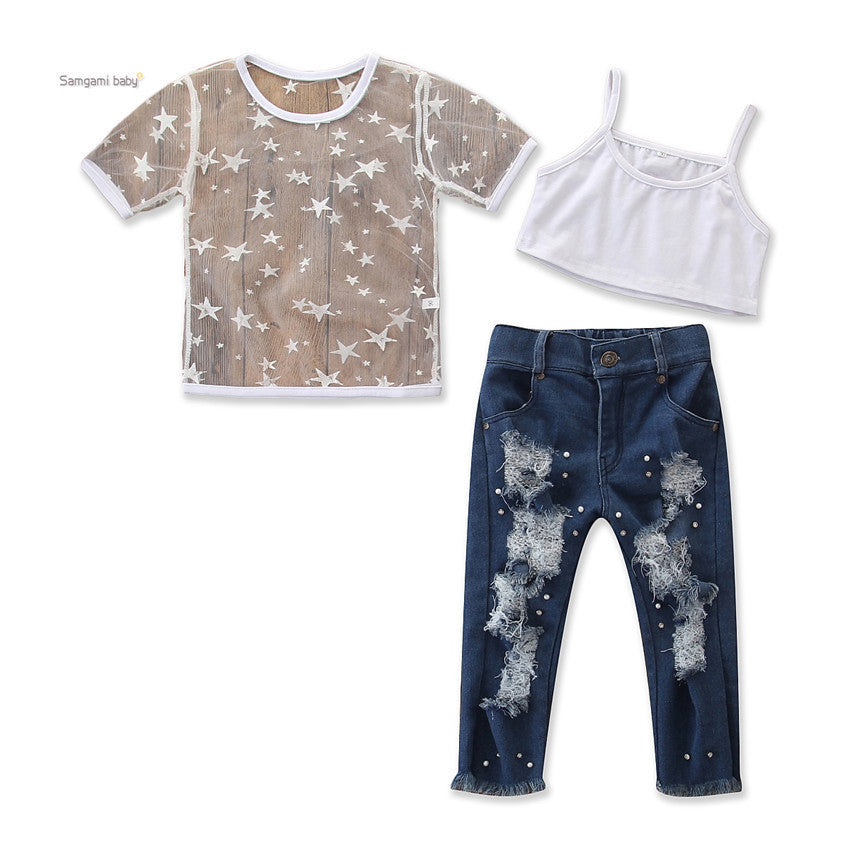 Toddler Kids Girls Short Sleeve Star T-shirt Tops Hole Denim pants pearl Jeans 2PCS Clothing Set - Enfance-Heureuse