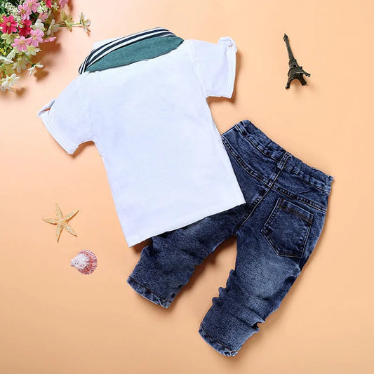 Trois-Pièce Garçon À Manches Courtes T-Shirt Denim Pantalon Et Écharpe - Enfance-Heureuse