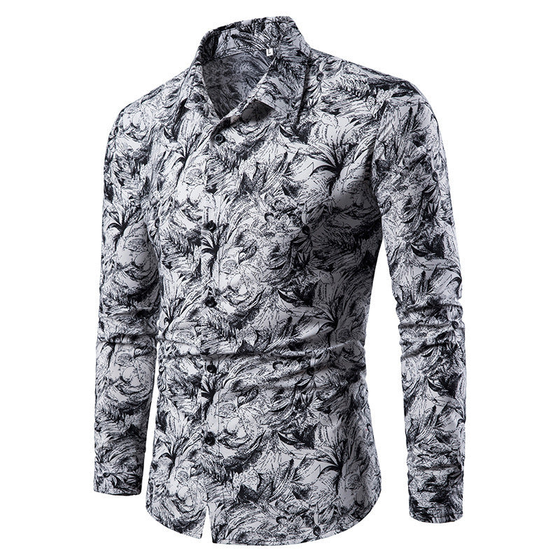 Autumn and Winter Mens Shirt Printed Casual Long Sleeved Shirt Slim Fit Male Social Dress Shirt For Men - Enfance-Heureuse