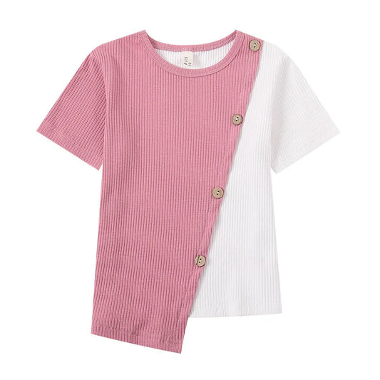 Contraste irrégulière À Manches Courtes T-Shirt - Enfance-Heureuse