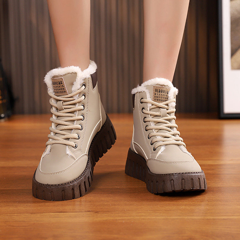 Ins Lace-up Snow Boots Winter Warm Fleece Flat Shoes For Women Fashion Casual Plush Ankle Boot - Enfance-Heureuse