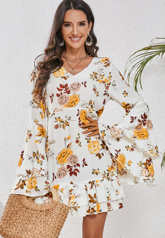 Printed V-Neck Flare Sleeve Mini Dress - Enfance-Heureuse