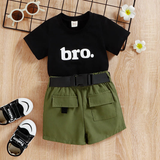 Round Neck Letter Short Sleeve Top Cargo Boys Suit - Enfance-Heureuse