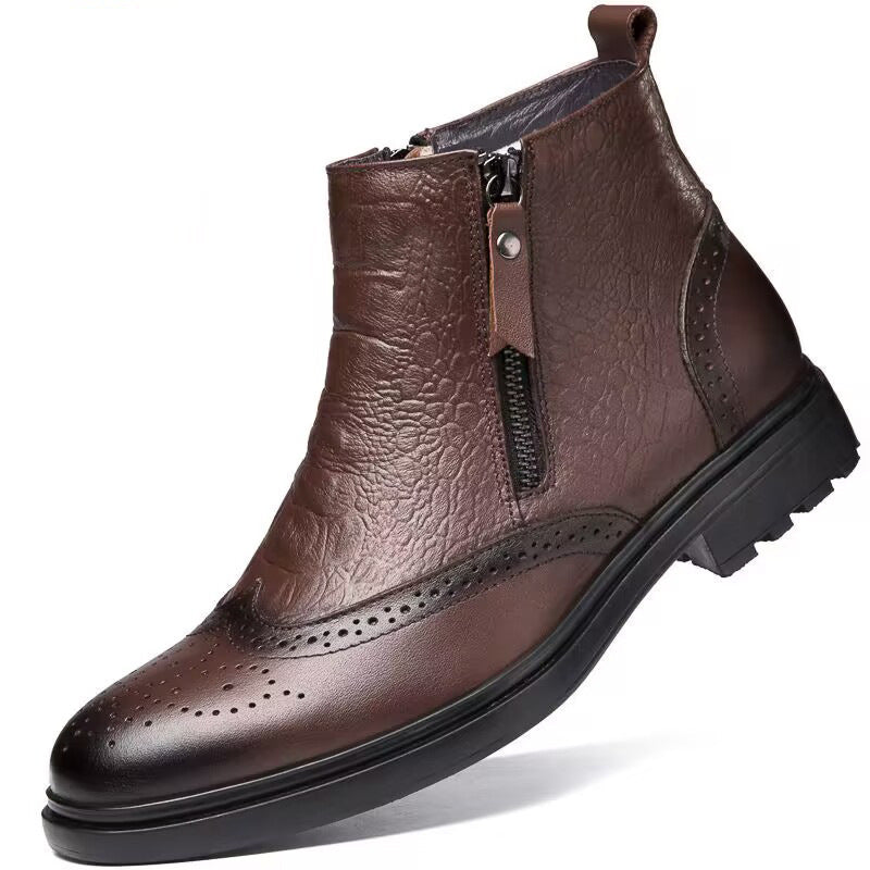High-top Leather Shoes Height Increasing Shoes 46 Brogue Trendy Ankle Boots - Enfance-Heureuse