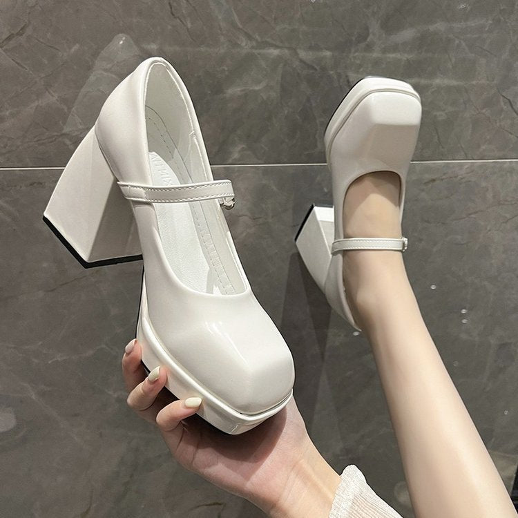 Square Toe Universal Shallow Mouth Buckle Leather Shoes - Enfance-Heureuse