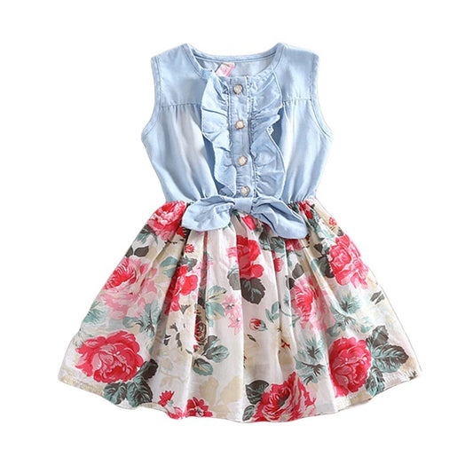 Summer Children Sleeveless Girl Denim Floral Dresses - Enfance-Heureuse