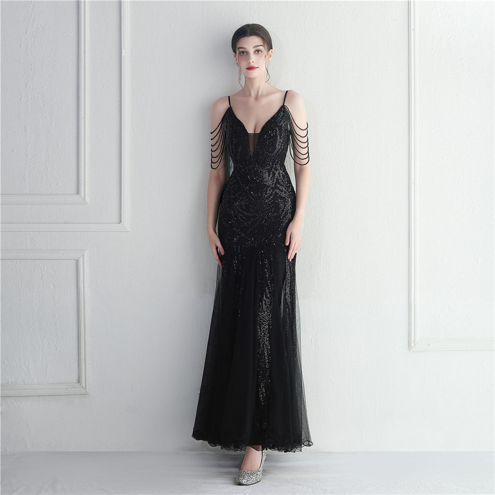 Mesh Beaded Bridal Wedding Dinner Long Camisole Evening Gown - Enfance-Heureuse
