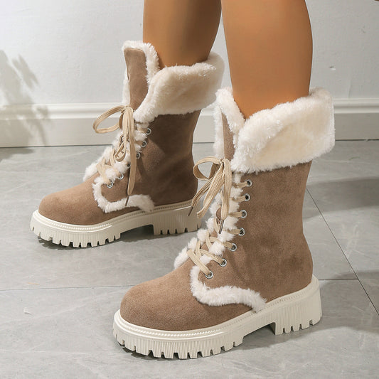Winter Lace-up Snow Boots For Women Mid-tube Fleece Shoes Warm Chunky Heels Plush Boot - Enfance-Heureuse