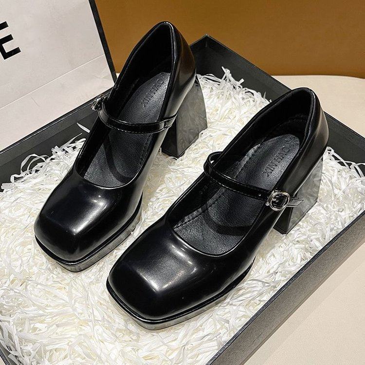 Square Toe Universal Shallow Mouth Buckle Leather Shoes - Enfance-Heureuse