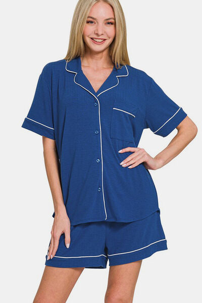 Zenana Button Down Short Sleeve Top and Shorts Lounge Set - Enfance-Heureuse