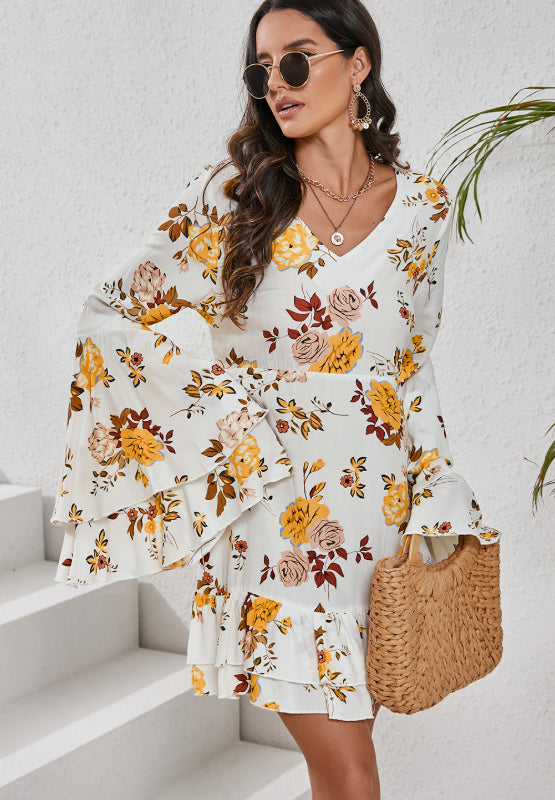 Printed V-Neck Flare Sleeve Mini Dress - Enfance-Heureuse