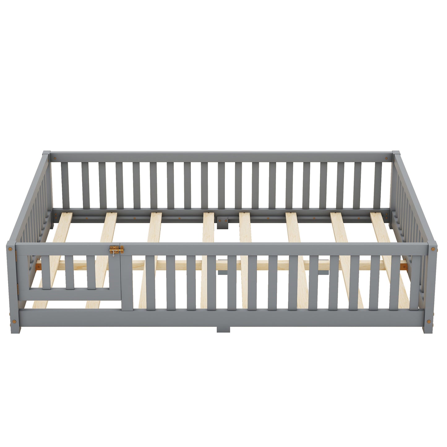 Full Size Bed Floor Bed With Safety Guardrails And Door For Kids, Gray - Enfance-Heureuse