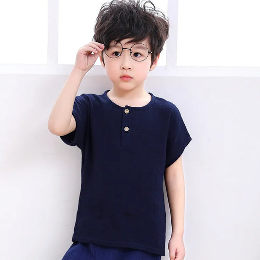Boy short-sleeved cotton and linen T-shirt - Enfance-Heureuse