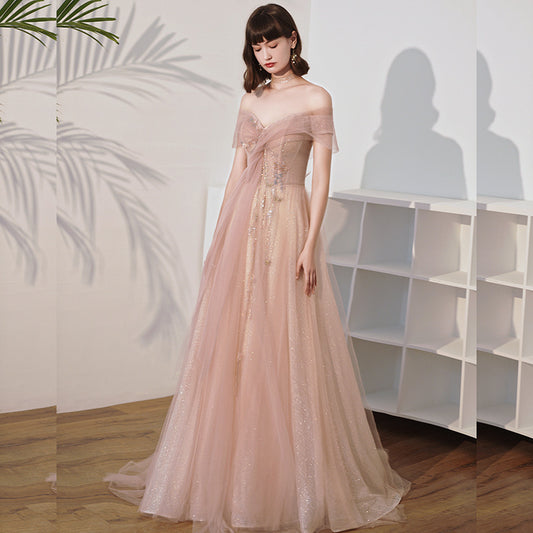 One Shoulder Slim Fairy Aura Light Gauze Bridesmaid Dress - Enfance-Heureuse