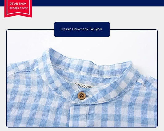 Children's Cotton Blue Short-sleeved Shirt Fashion Casual Short-sleeved Plaid Shirt - Enfance-Heureuse