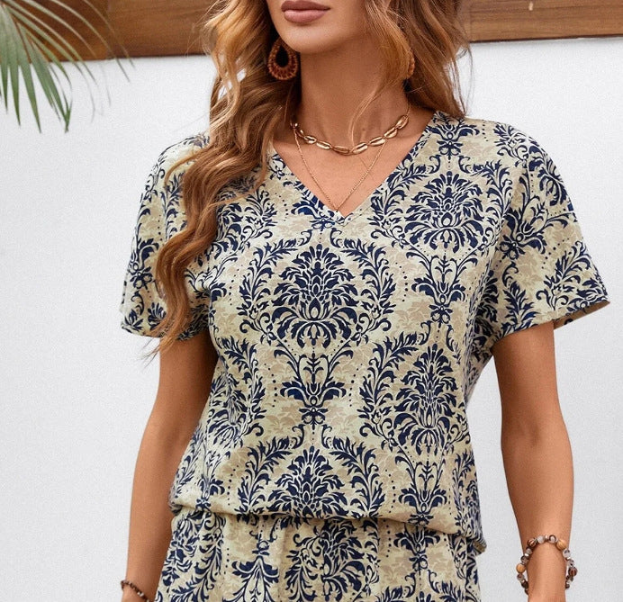Loose Printed Casual Suit V-neck Short Sleeve Top Elastic Waist Shorts - Enfance-Heureuse