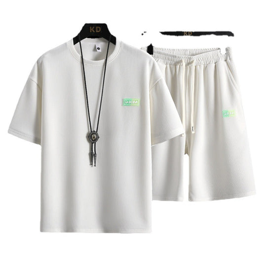 Tracksuit Short Sleeve Set Waffle Cotton Breathable Plaid Fabric Mens Casual Two Piece Set Fashion Sports Suit - Enfance-Heureuse