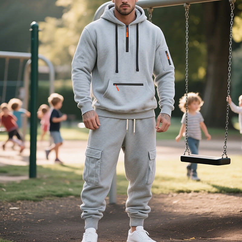 Men's Loose Sports And Leisure Suit Sweater Fleece-lined Hoodie Set Zipper Multi-Pocket Pullover Men's Sports Casual Top Two-piece Set - Enfance-Heureuse