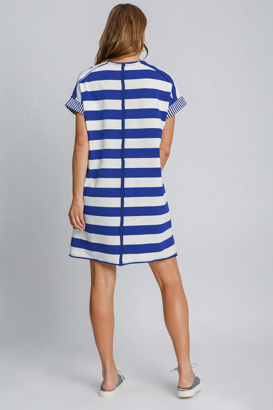 Umgee Peace Applique Striped Short Sleeve Mini Dress - Enfance-Heureuse