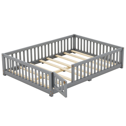 Full Size Bed Floor Bed With Safety Guardrails And Door For Kids, Gray - Enfance-Heureuse