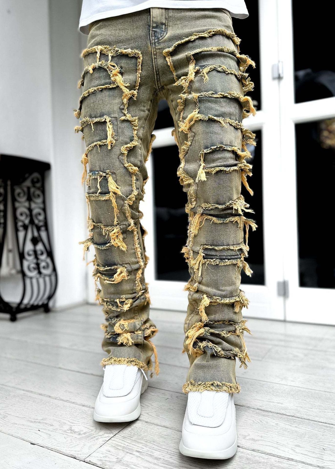 Men Trousers Individual Patched Pants Long Tight Fit Stacked Jeans For Mens Clothing - Enfance-Heureuse