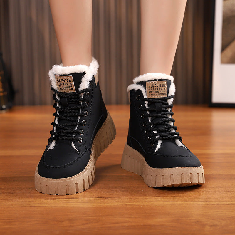 Ins Lace-up Snow Boots Winter Warm Fleece Flat Shoes For Women Fashion Casual Plush Ankle Boot - Enfance-Heureuse