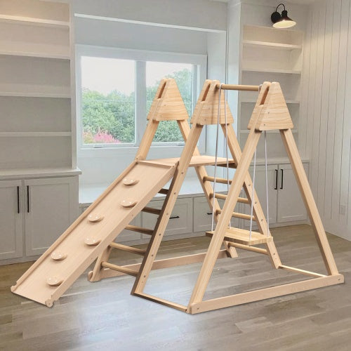 4-in-1 Juniper Indoor Play Gym - Jungle Gym Playset With Baby Swing, Slide, Ladder, And Climbing Wall - Foldable Wooden Playset - Indoor Jungle Gym For Kids - Enfance-Heureuse