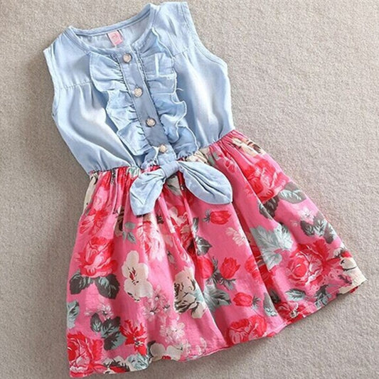Summer Children Sleeveless Girl Denim Floral Dresses - Enfance-Heureuse