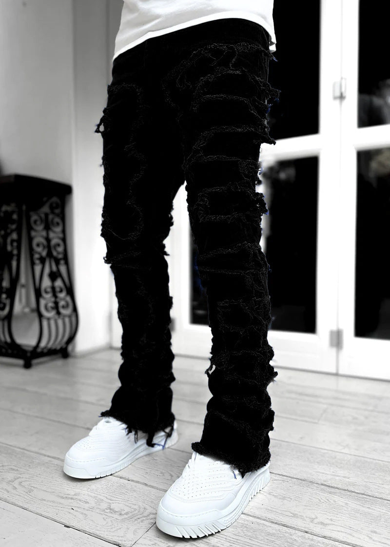Men Trousers Individual Patched Pants Long Tight Fit Stacked Jeans For Mens Clothing - Enfance-Heureuse
