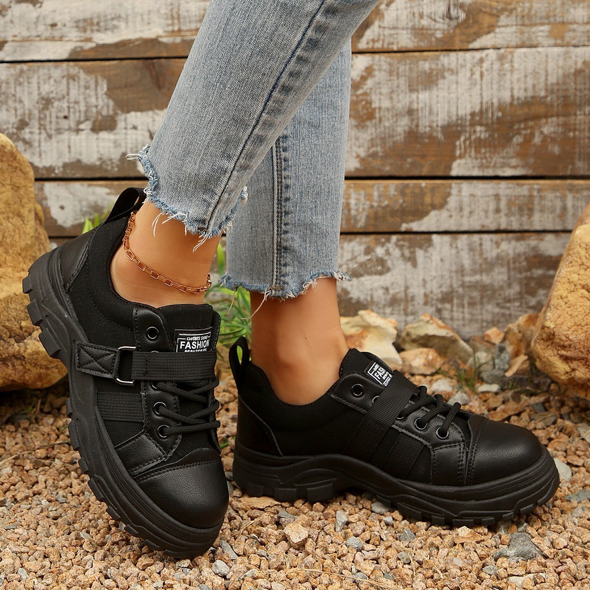 Lace-up Canvas Shoes With Hook Design Fashion Breathable Thick-soled Round-toe Casual Shoes For Women Sneakers - Enfance-Heureuse