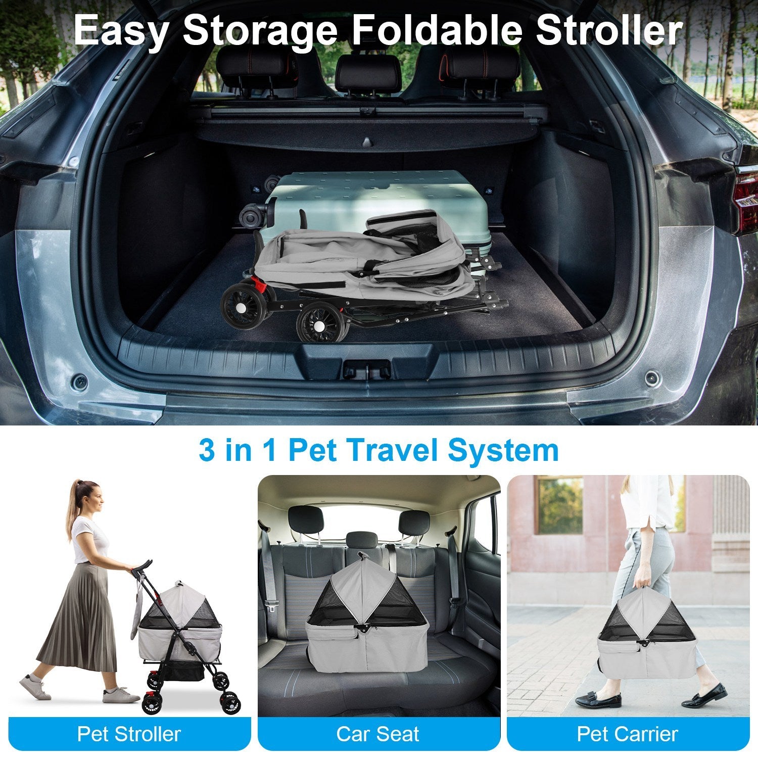 1Pc 4-Wheels Pet Stroller Foldable Carrier Strolling Cart Travel Jogger Pet Stroller With Removable Liner Storage Basket For Dog Cat - Enfance-Heureuse