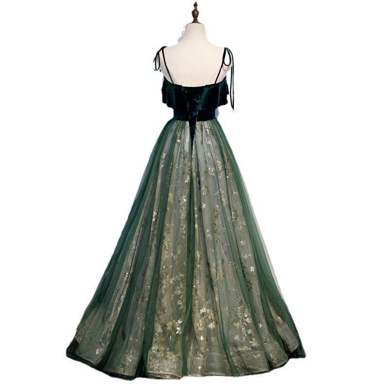 Banquet Sling Temperament Long Dress Dark Green Fantasy Mori - Enfance-Heureuse