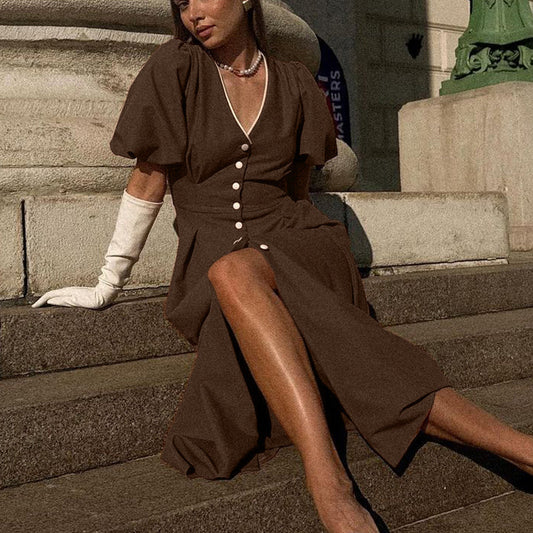 V-neck Puff Sleeve Single-breasted Dress - Enfance-Heureuse