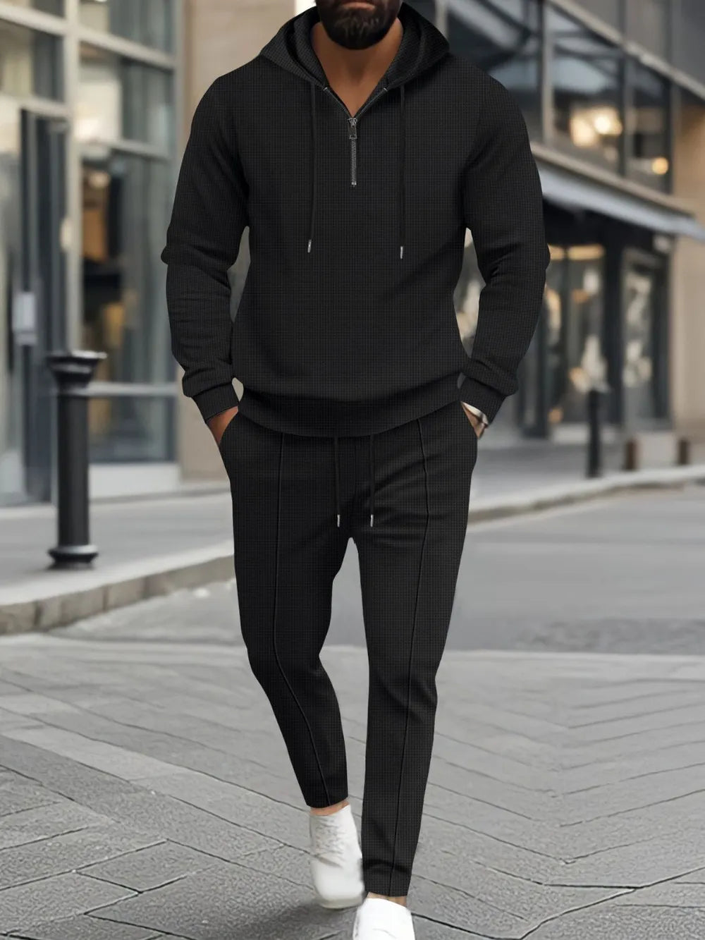 Men's Full Size Waffle-Knit Half Zipper Hoodie and Pants Set Plus Size - Enfance-Heureuse