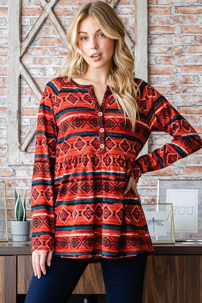 Heimish Full Size Geometric Button Detail Long Sleeve Babydoll Top - Enfance-Heureuse