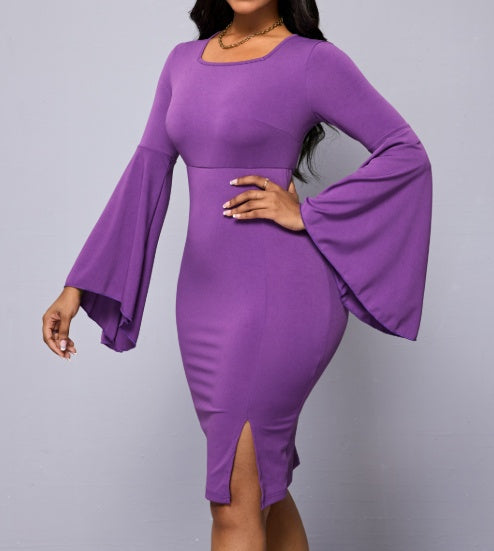 Women's Solid Color Lace Sleeve Casual Hip Hugging Dress - Enfance-Heureuse