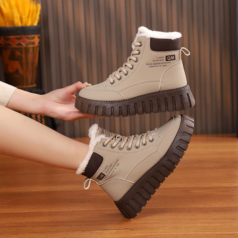 Ins Lace-up Snow Boots Winter Warm Fleece Flat Shoes For Women Fashion Casual Plush Ankle Boot - Enfance-Heureuse