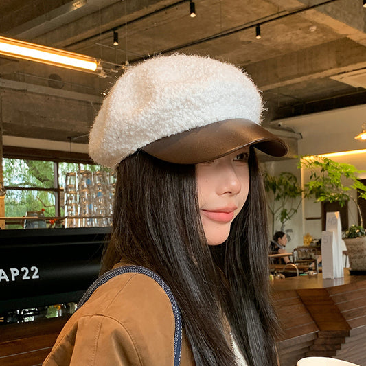 Korean PU Leather Brim Beret Autumn And Winter