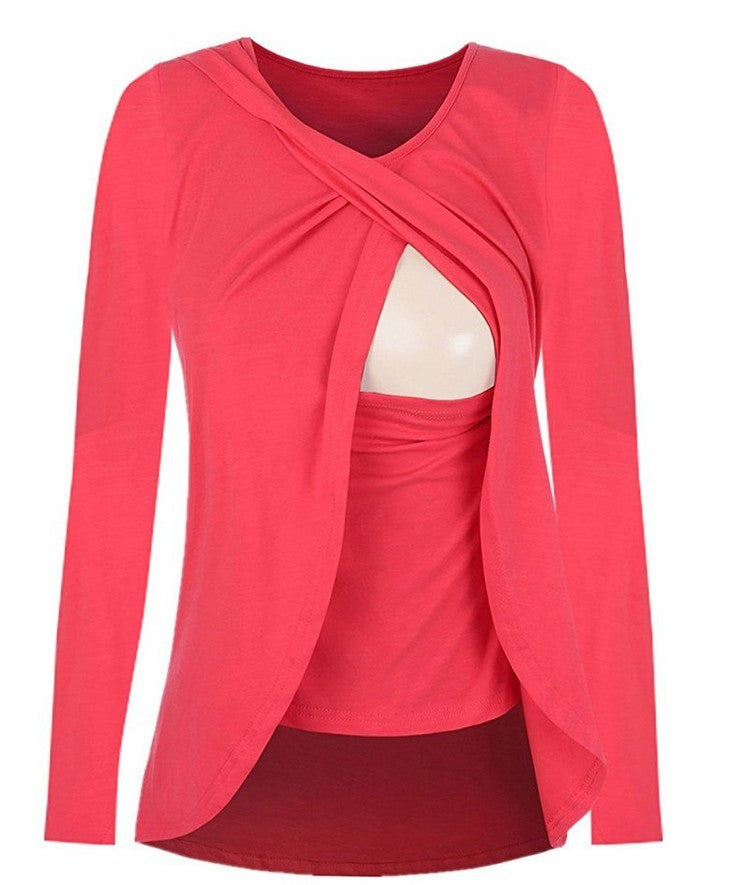 Europe maternity cotton round neck can uncover feeding pregnant women leisure all-match solid color shirt blouse 8962 - Enfance-Heureuse